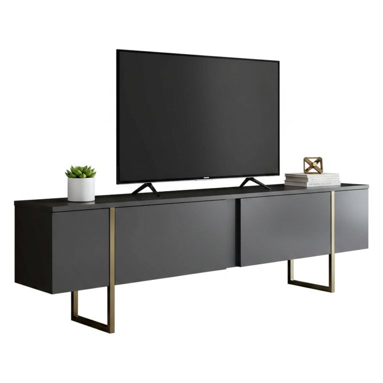 Mobile Porta tv Nero Antracite oro Cassetti un Ripiano 180x30x50h cm, 2 Ante - Abishia