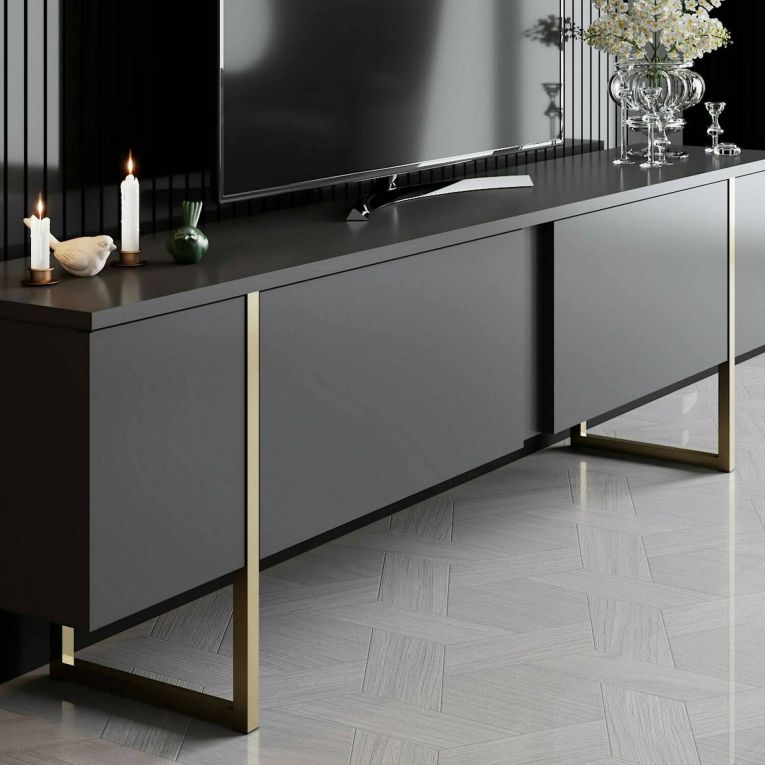 Mobile Porta tv Nero Antracite oro Cassetti un Ripiano 180x30x50h cm, 2 Ante - Abishia