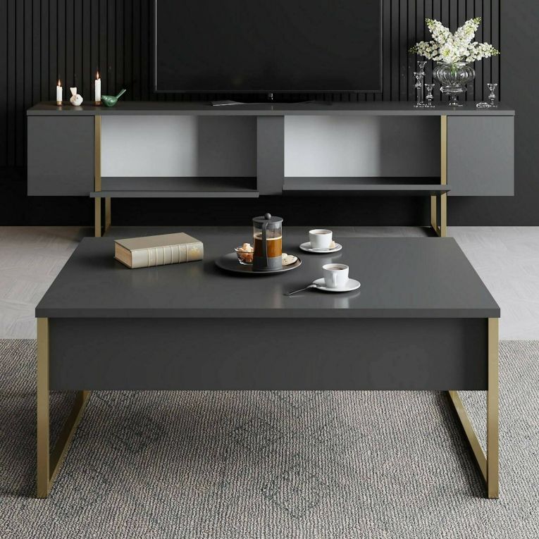 Mobile Porta tv Nero Antracite oro Cassetti un Ripiano 180x30x50h cm, 2 Ante - Abishia