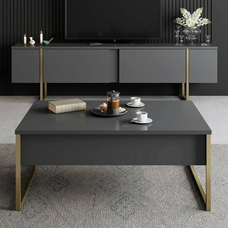 Mobile Porta tv Nero Antracite oro Cassetti un Ripiano 180x30x50h cm, 2 Ante - Abishia