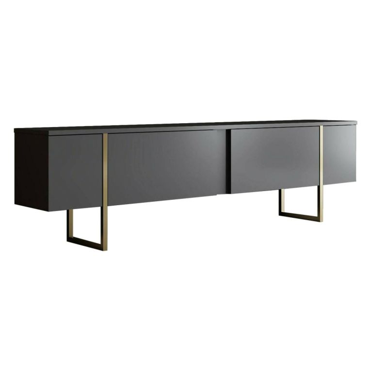 Mobile Porta tv Nero Antracite oro Cassetti un Ripiano 180x30x50h cm, 2 Ante - Abishia