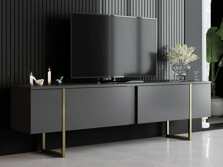 Mobile Porta tv Nero Antracite oro Cassetti un Ripiano 180x30x50h cm, 2 Ante - Abishia