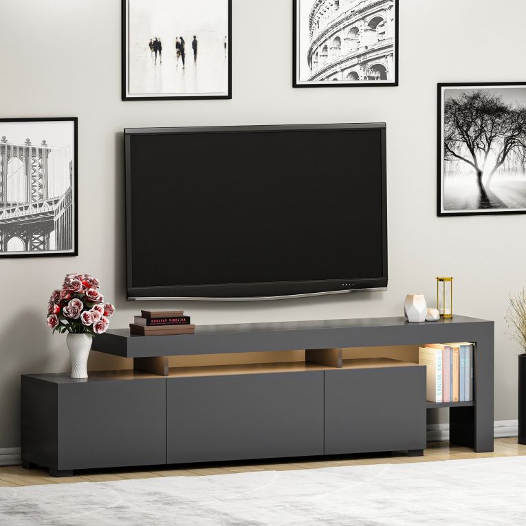 Mobile Porta tv Nero Antracite un Ripiano Apertura Battente, a Ribalta 192x37x53h cm, 3 Ante - Trasacco
