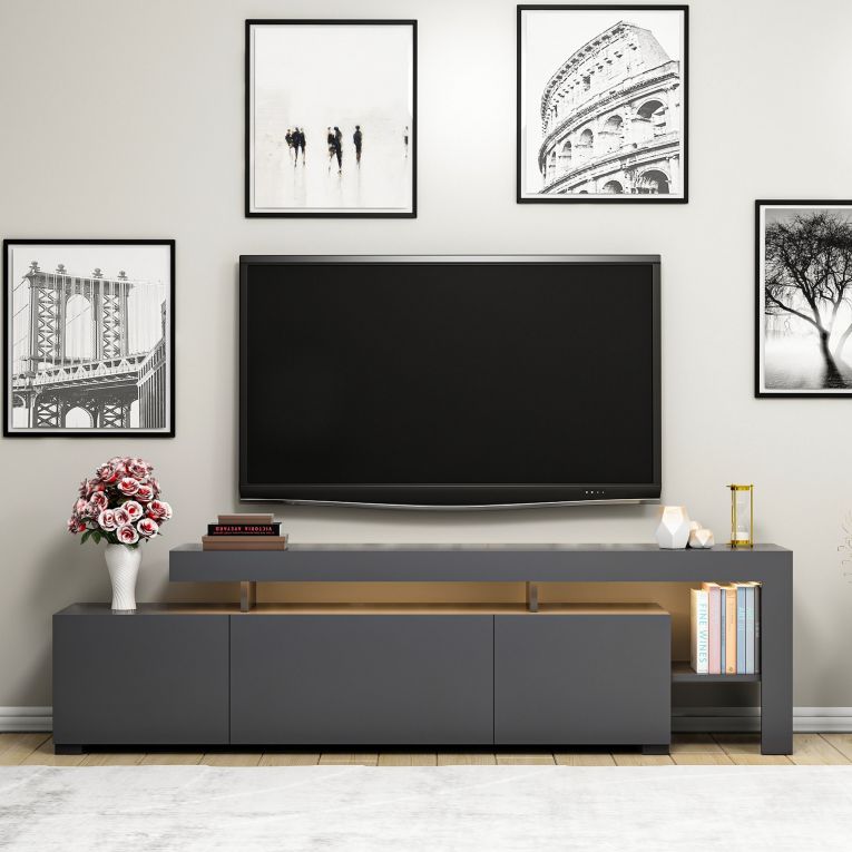 Mobile Porta tv Nero Antracite un Ripiano Apertura Battente, a Ribalta 192x37x53h cm, 3 Ante - Trasacco
