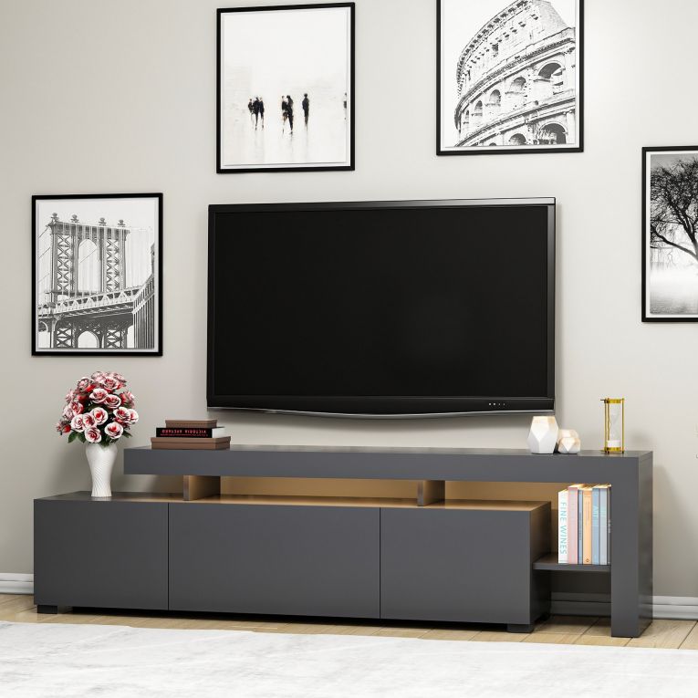Mobile Porta tv Nero Antracite un Ripiano Apertura Battente, a Ribalta 192x37x53h cm, 3 Ante - Trasacco