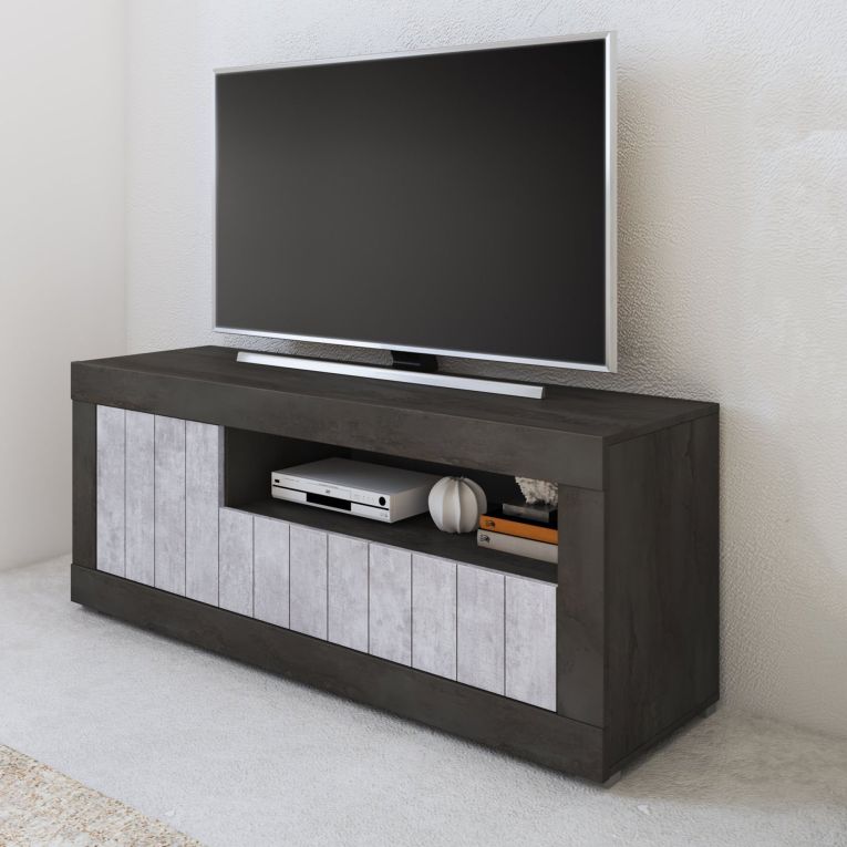 Mobile Porta tv Nero Grigio Cemento Cassetti Ripiani 137x42x56h cm, 3 Ante - Lucino