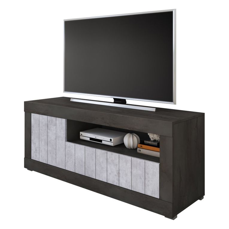 Mobile Porta tv Nero Grigio Cemento Cassetti Ripiani 137x42x56h cm, 3 Ante - Lucino