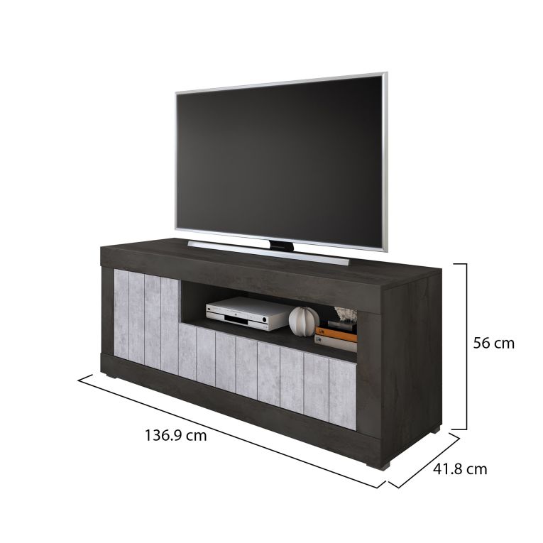 Mobile Porta tv Nero Grigio Cemento Cassetti Ripiani 137x42x56h cm, 3 Ante - Lucino
