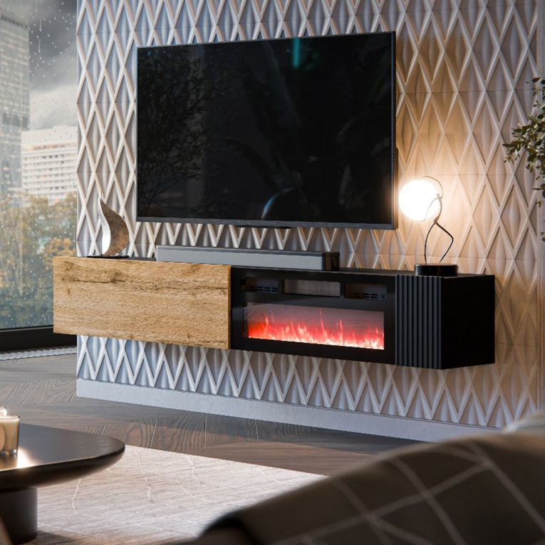 Mobile Porta tv Nero Marrone Rovere Modulabile un Ripiano 200x30x31h cm, 2 Ante - Sindia