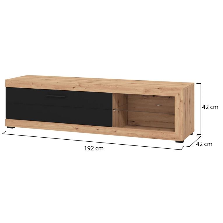 Mobile Porta tv Nero Marrone Rovere Nodi 2 Ripiani Un'anta 162x41.5x43.5h cm, Ripiano in Vetro - Pompu