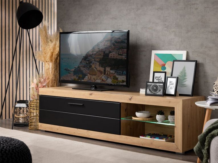 Mobile Porta tv Nero Marrone Rovere Nodi 2 Ripiani Un'anta 162x41.5x43.5h cm, Ripiano in Vetro - Pompu