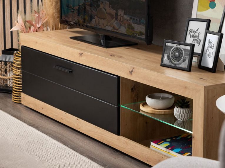 Mobile Porta tv Nero Marrone Rovere Nodi 2 Ripiani Un'anta 162x41.5x43.5h cm, Ripiano in Vetro - Pompu