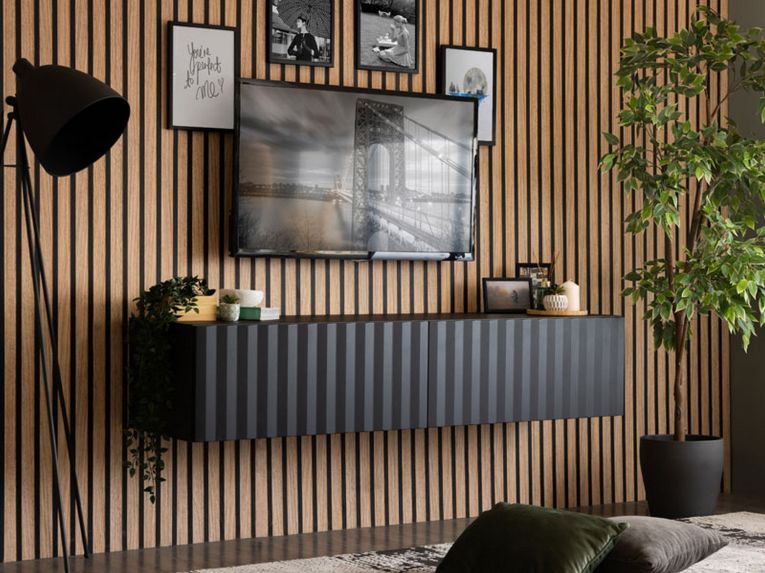 Mobile Porta tv Nero Nero Antracite un Ripiano 2 Ante 154x42x32h cm, 2 Vani - Maderno