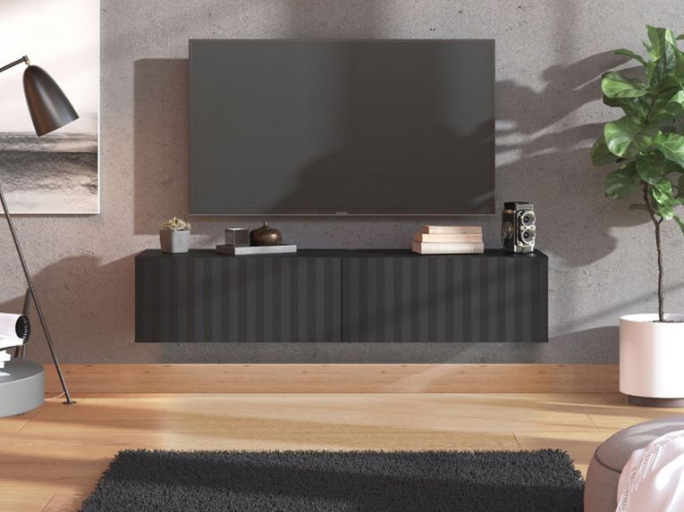 Mobile Porta tv Nero Nero Antracite un Ripiano 2 Ante 154x42x32h cm, 2 Vani - Maderno
