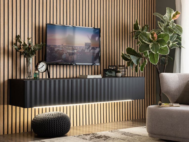 Mobile Porta tv Nero Nero Antracite un Ripiano 3 Ante 192x42x32h cm, 3 Vani - Fossa
