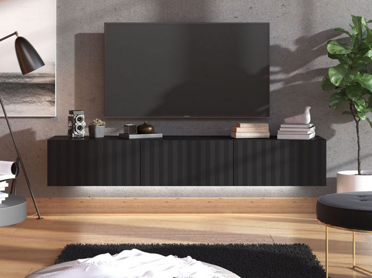 Mobile Porta tv Nero Nero Antracite un Ripiano 3 Ante 192x42x32h cm, 3 Vani - Fossa