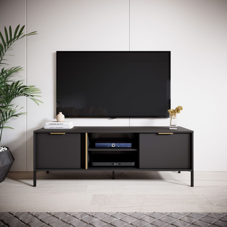 Mobile Porta tv Nero oro 2 Ripiani 2 Ante 153x40x53h cm, 4 Vani - Kaleka