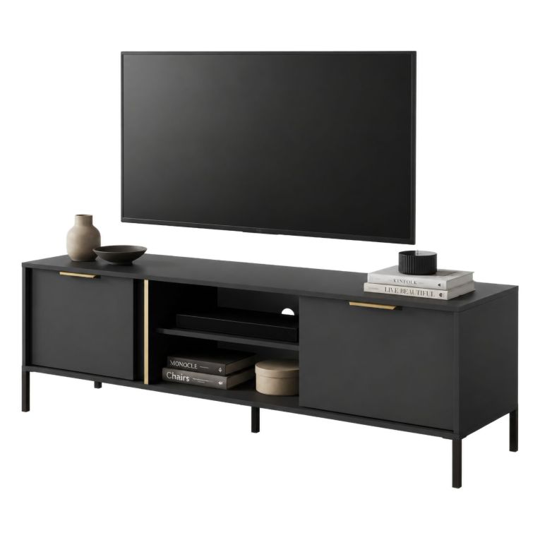 Mobile Porta tv Nero oro 2 Ripiani 2 Ante 153x40x53h cm, 4 Vani - Kaleka