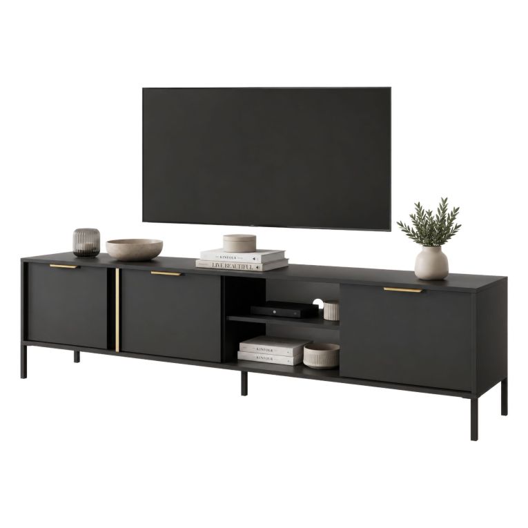 Mobile Porta tv Nero oro 3 Ripiani 3 Ante 203x40x53h cm, 6 Vani - Kalasose