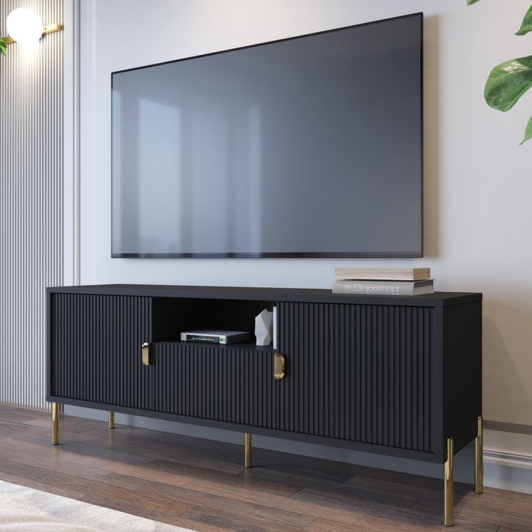 Mobile Porta tv Nero oro un Cassetto Ripiani 155x40x69h cm, 2 Ante - Rabattone
