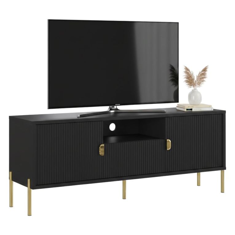 Mobile Porta tv Nero oro un Cassetto Ripiani 155x40x69h cm, 2 Ante - Rabattone