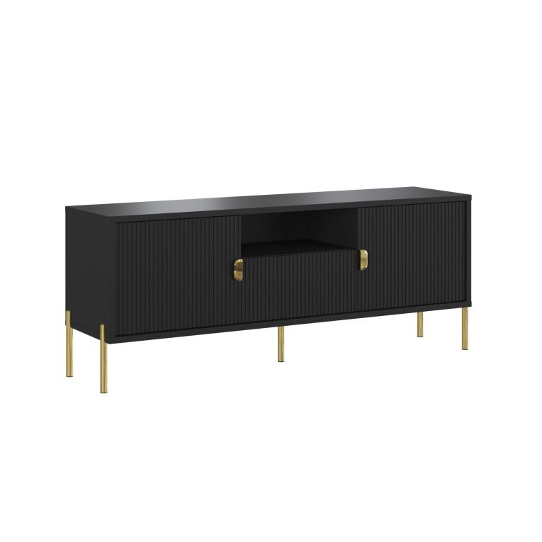 Mobile Porta tv Nero oro un Cassetto Ripiani 155x40x69h cm, 2 Ante - Rabattone