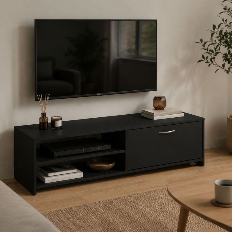 Mobile Porta tv Nero un Cassetto 2 Ripiani 120x39x31h cm, 2 Vani - Lihamo