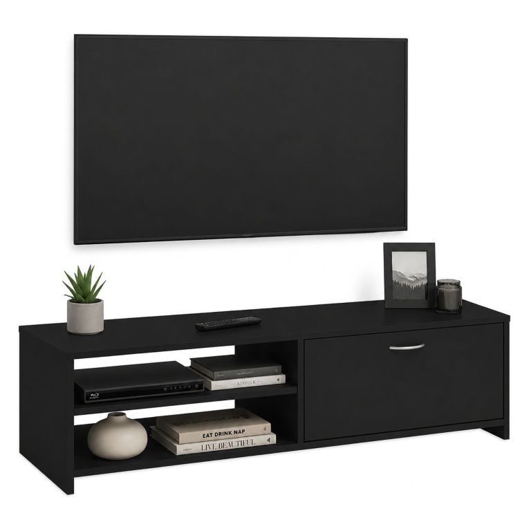 Mobile Porta tv Nero un Cassetto 2 Ripiani 120x39x31h cm, 2 Vani - Lihamo