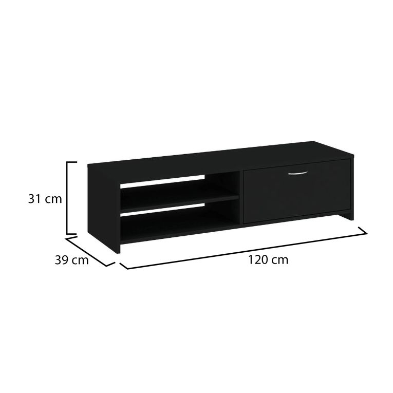 Mobile Porta tv Nero un Cassetto 2 Ripiani 120x39x31h cm, 2 Vani - Lihamo