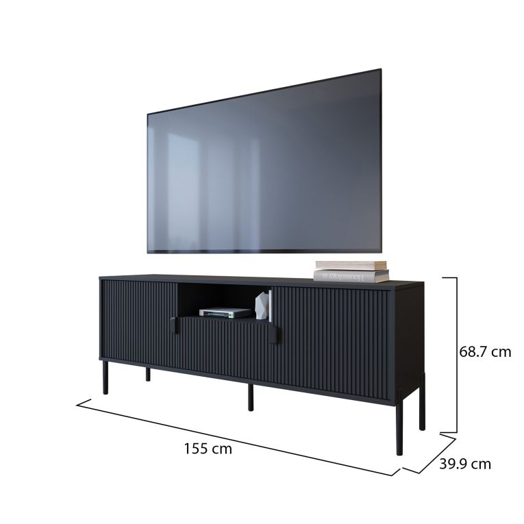 Mobile Porta tv Nero un Cassetto Ripiani 155x40x69h cm, 2 Ante - Rabattone