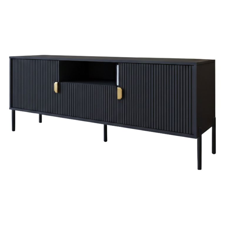 Mobile Porta tv Nero un Cassetto Ripiani 155x40x69h cm, 2 Ante - Rabattone