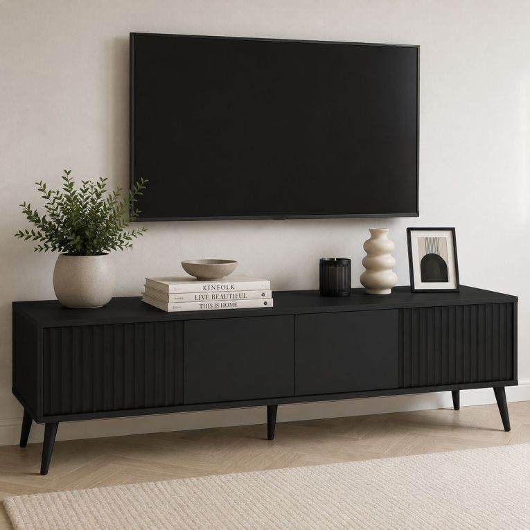Mobile Porta tv Nero un Ripiano 2 Ante 180x40x48h cm, con Piedini - Lilelora