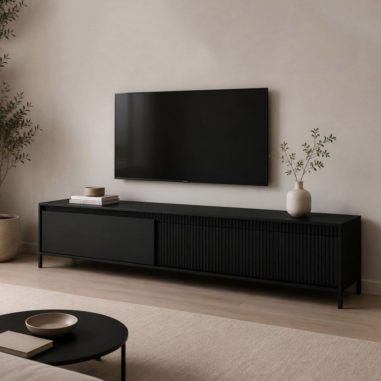 Mobile Porta tv Nero un Ripiano 2 Ante 187x40x53h cm, Ante Effetto Rigato - Kami