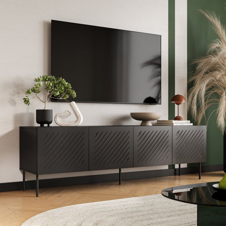 Mobile Porta tv Nero un Ripiano 200.5x42x60h cm, Cassetti - Ronca
