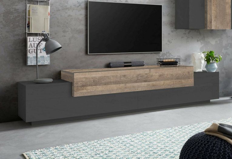 Mobile porta TV Nico, Credenza bassa da soggiorno, Base porta TV, 100% Made in Italy, cm 240x45h52, Antracite e Acero
