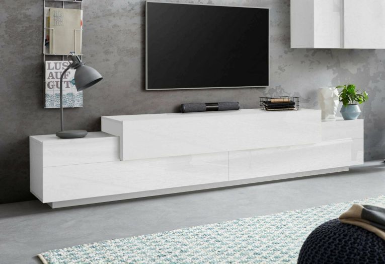 Mobile porta TV Nico, Credenza bassa da soggiorno, Base porta TV, 100% Made in Italy, cm 240x45h52, Bianco lucido