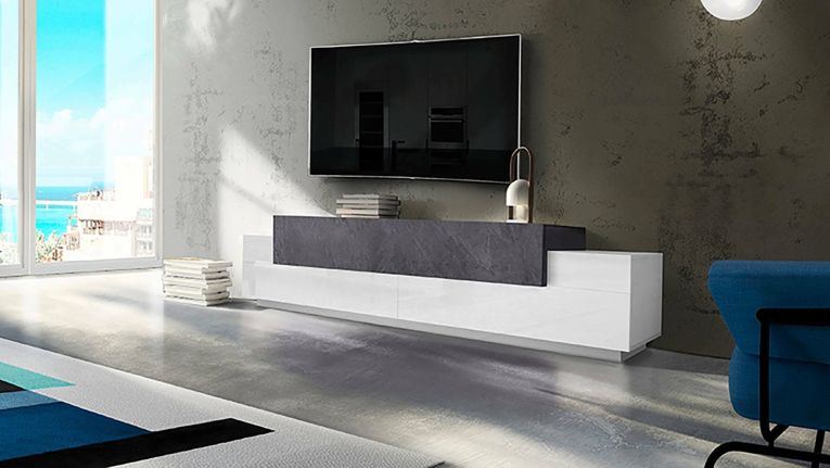 Mobile porta TV Nico, Credenza bassa da soggiorno, Base porta TV, 100% Made in Italy, cm 240x45h52, Bianco lucido e Ardesia