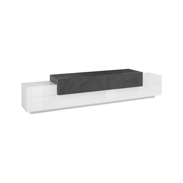 Mobile porta TV Nico, Credenza bassa da soggiorno, Base porta TV, 100% Made in Italy, cm 240x45h52, Bianco lucido e Ardesia