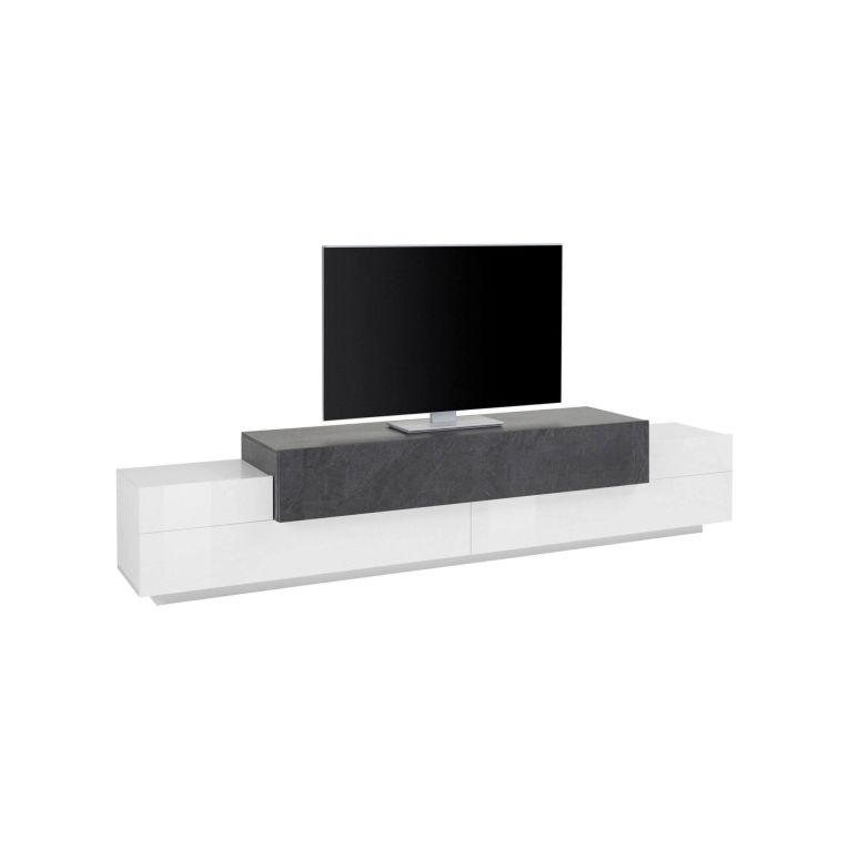 Mobile porta TV Nico, Credenza bassa da soggiorno, Base porta TV, 100% Made in Italy, cm 240x45h52, Bianco lucido e Ardesia