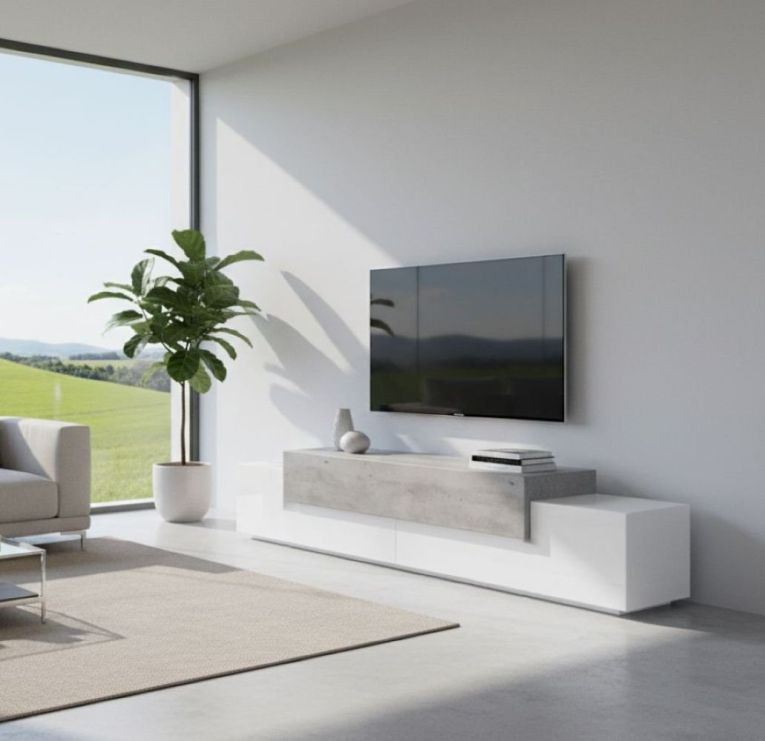 Mobile porta TV Nico, Credenza bassa da soggiorno, Base porta TV, 100% Made in Italy, cm 240x45h52, Bianco lucido e Cemento