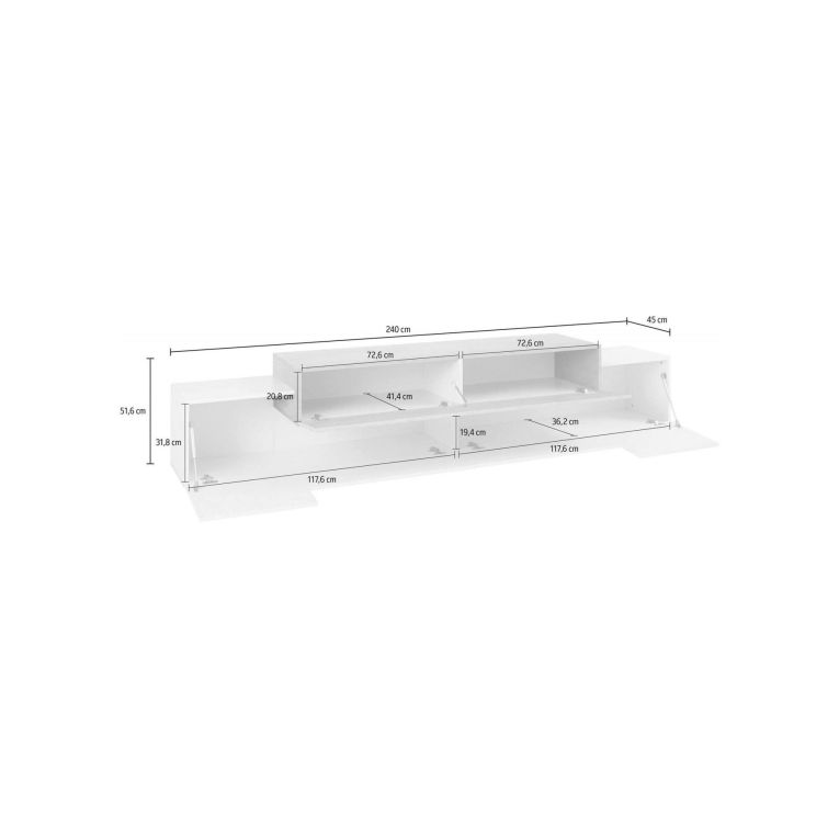 Mobile porta TV Nico, Credenza bassa da soggiorno, Base porta TV, 100% Made in Italy, cm 240x45h52, Bianco lucido e Cemento