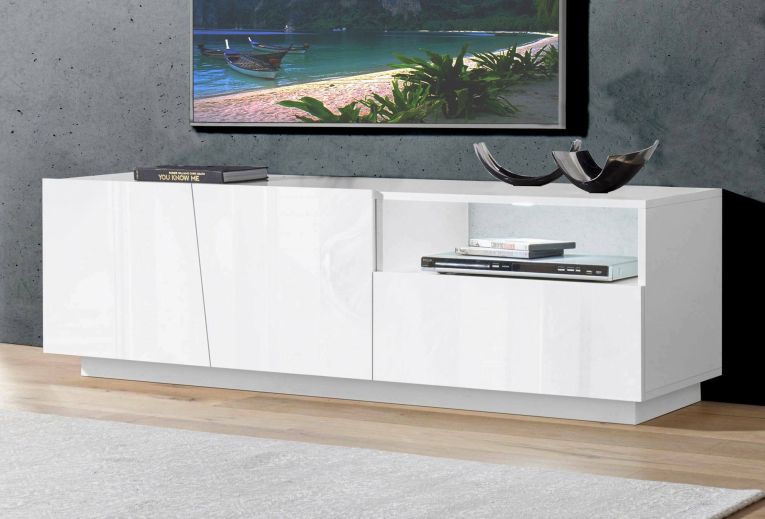 Mobile porta TV Nino, Credenza bassa da soggiorno a 2 ante, Base porta TV, 100% Made in Italy, cm 150x43h46, Bianco lucido