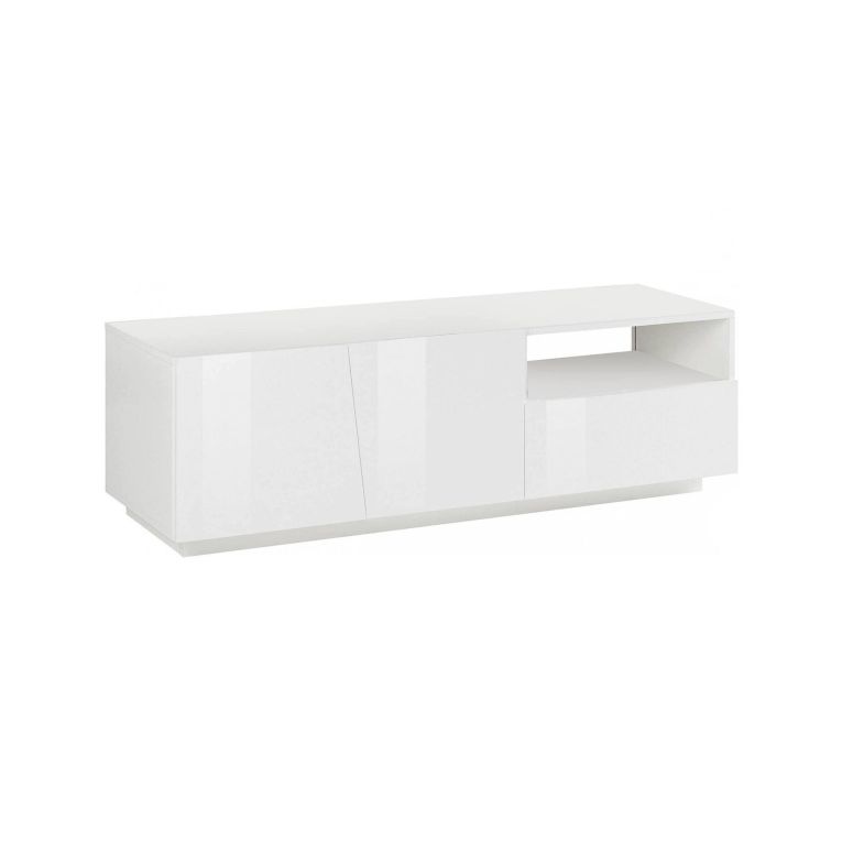Mobile porta TV Nino, Credenza bassa da soggiorno a 2 ante, Base porta TV, 100% Made in Italy, cm 150x43h46, Bianco lucido