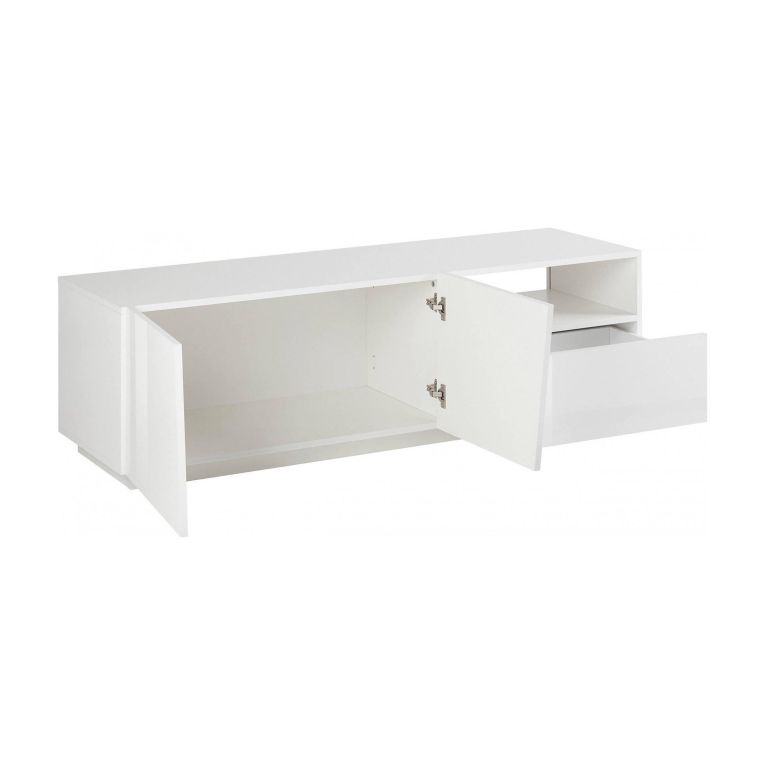 Mobile porta TV Nino, Credenza bassa da soggiorno a 2 ante, Base porta TV, 100% Made in Italy, cm 150x43h46, Bianco lucido