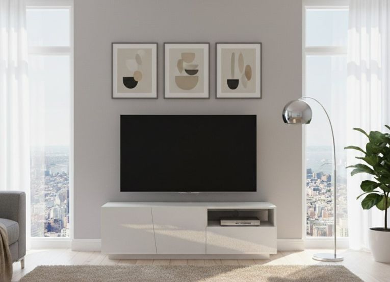 Mobile porta TV Nino, Credenza bassa da soggiorno a 2 ante, Base porta TV, 100% Made in Italy, cm 150x43h46, Bianco lucido