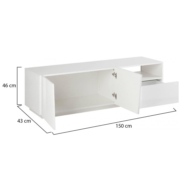 Mobile porta TV Nino, Credenza bassa da soggiorno a 2 ante, Base porta TV, 100% Made in Italy, cm 150x43h46, Bianco lucido