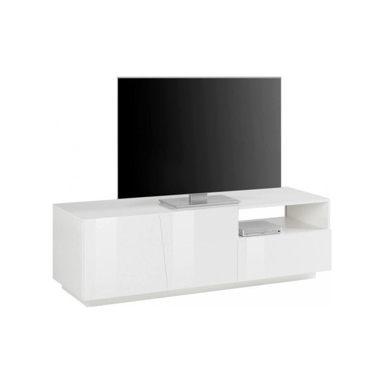 Mobile porta TV Nino, Credenza bassa da soggiorno a 2 ante, Base porta TV, 100% Made in Italy, cm 150x43h46, Bianco lucido