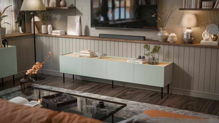 Mobile porta TV Novas, Madia da salotto con quattro ante battenti e quattro vani interni, Rialzato da terra, 200x40 h52 cm, Verde e Rovere