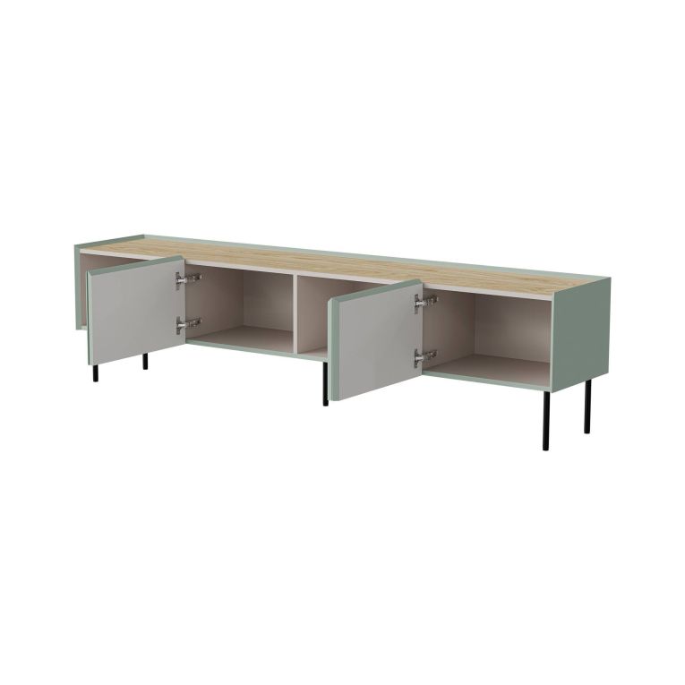 Mobile porta TV Novas, Madia da salotto con quattro ante battenti e quattro vani interni, Rialzato da terra, 200x40 h52 cm, Verde e Rovere
