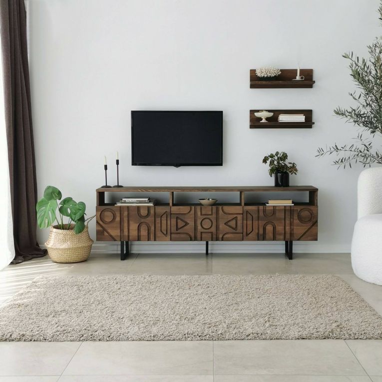 Mobile porta TV Novastra, Supporto per televisione da salotto, Credenza bassa da soggiorno, Base porta TV, 170x30h40 cm, Noce